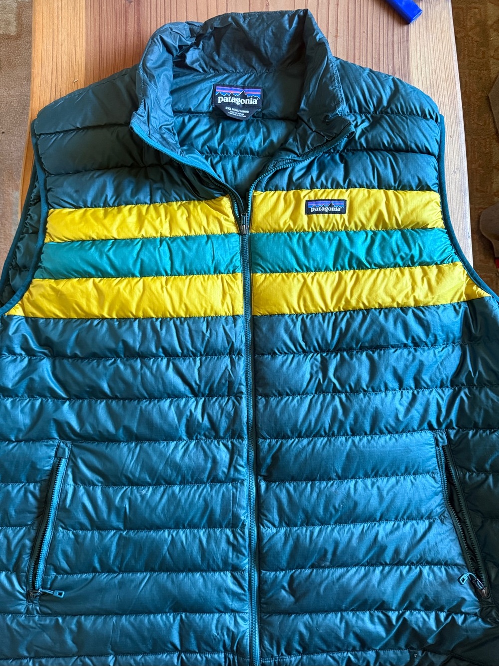 Patagonia Men’s Puffer Vest in Teal with Yellow Stripes